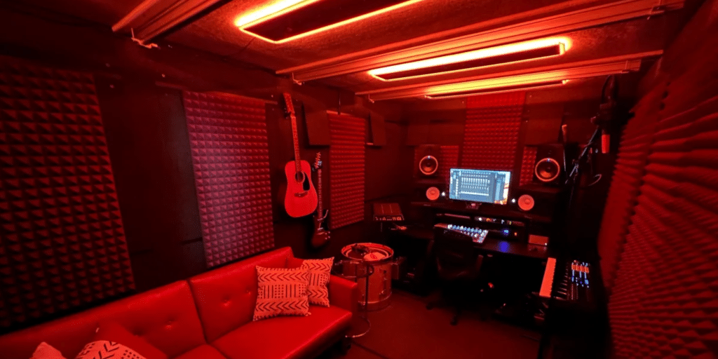 Interior of a spacious WhisperRoom home recording booth featuring a comfortable couch, musical instruments, and a desk filled with recording equipment.