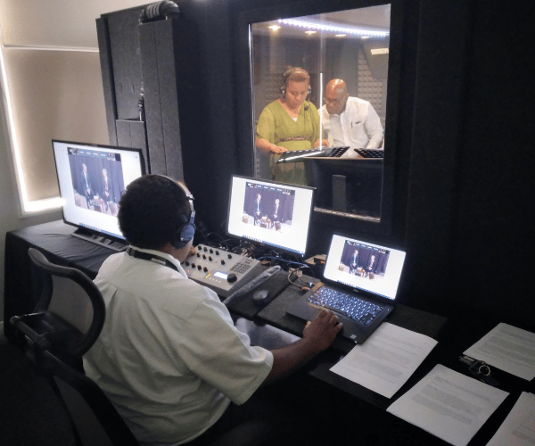 Image of church's production studio recording inside of a WhisperRoom broadcasting booth.