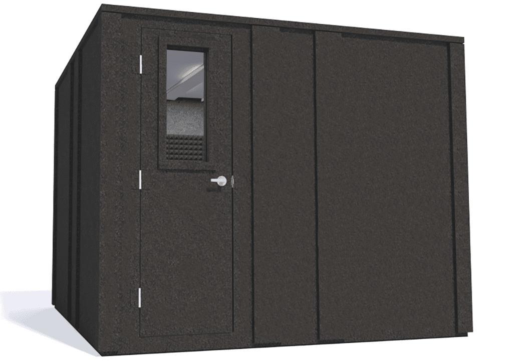 WhisperRoom MDL 102102 E shown with the door closed from the left side with gray foam