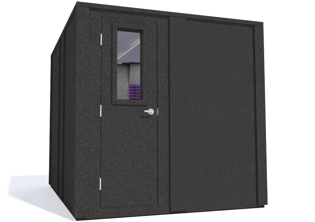 WhisperRoom MDL 10284 E shown from the left side with the door closed and purple foam
