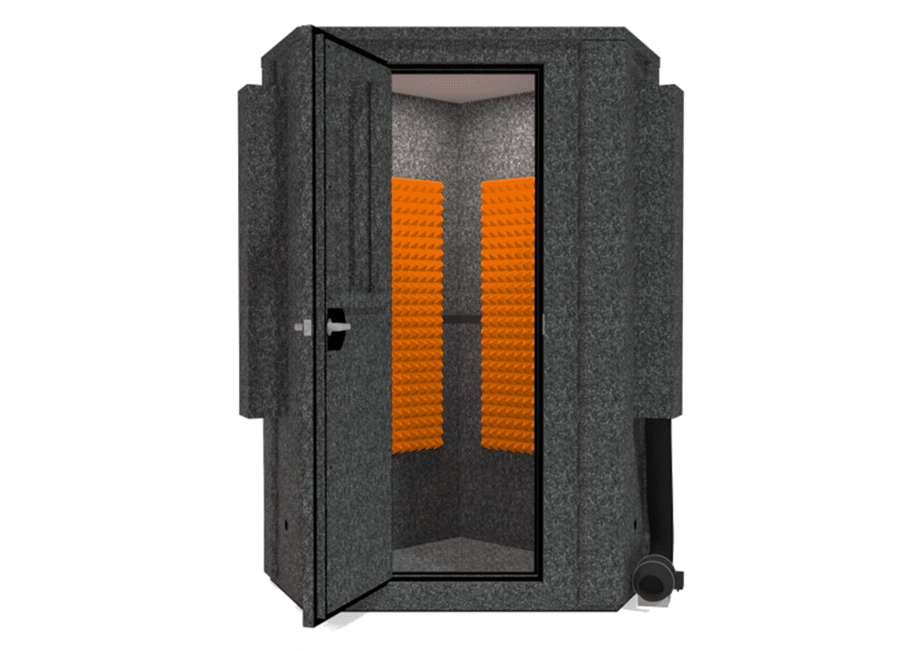 WhisperRoom MDL 127 LP E shown from the front with door open and orange foam