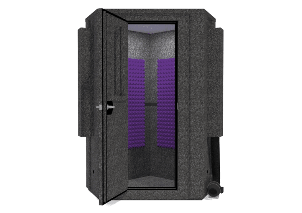 WhisperRoom MDL 127 LP E shown from the front with door open and purple foam