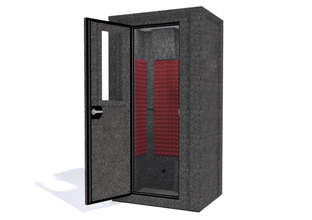 WhisperRoom MDL 4230 E shown from the front with door open and burgundy foam