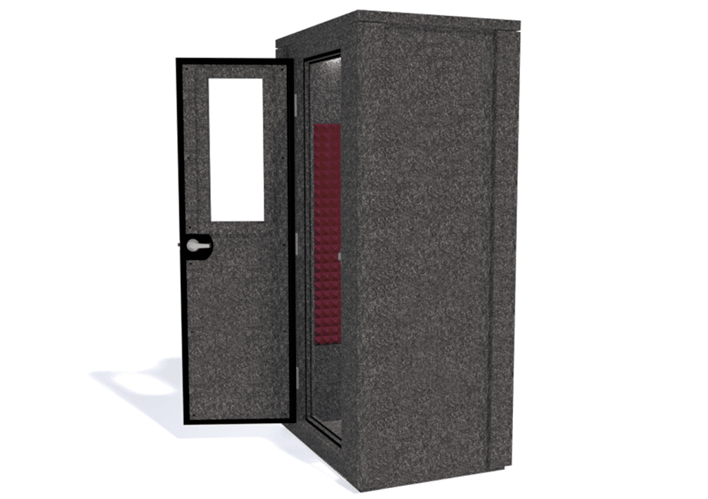 WhisperRoom MDL 4230 E shown from the side with door open and burgundy foam