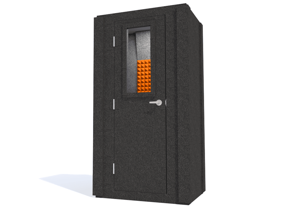 WhisperRoom MDL 4230 S shown from the front with the door closed and orange foam