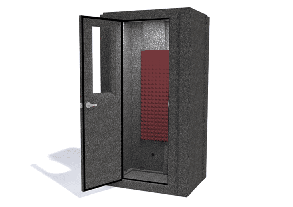 WhisperRoom MDL 4230 S shown from the front with the door open and burgundy foam