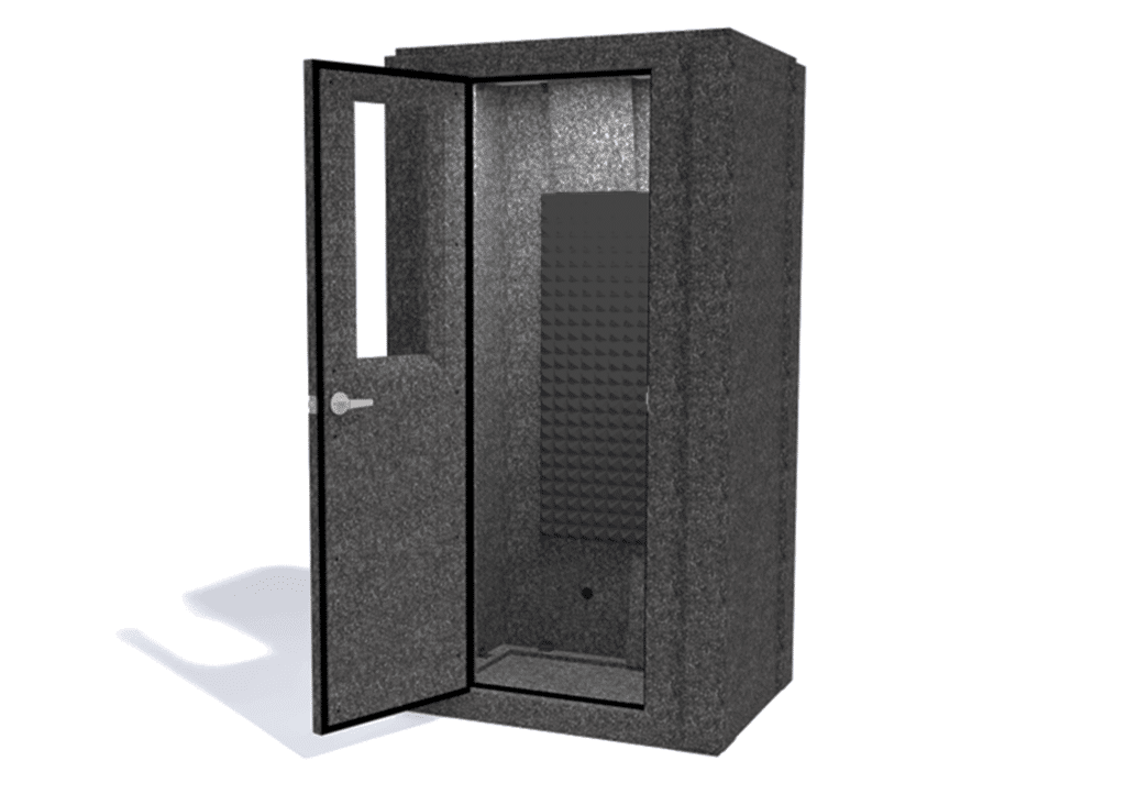 WhisperRoom MDL 4230 S shown from the front with the door open and gray foam