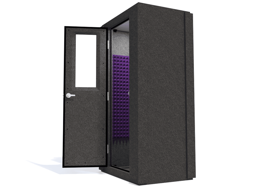 WhisperRoom MDL 4230 S shown with the door open from the side with purple foam