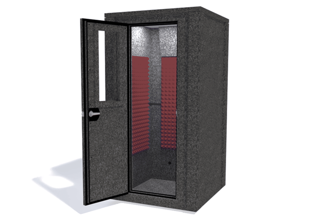 WhisperRoom MDL 4242 E shown from the front with door open and burgundy foam