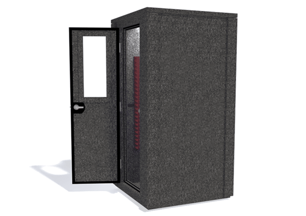 WhisperRoom MDL 4242 E shown from the side with door open and burgundy foam
