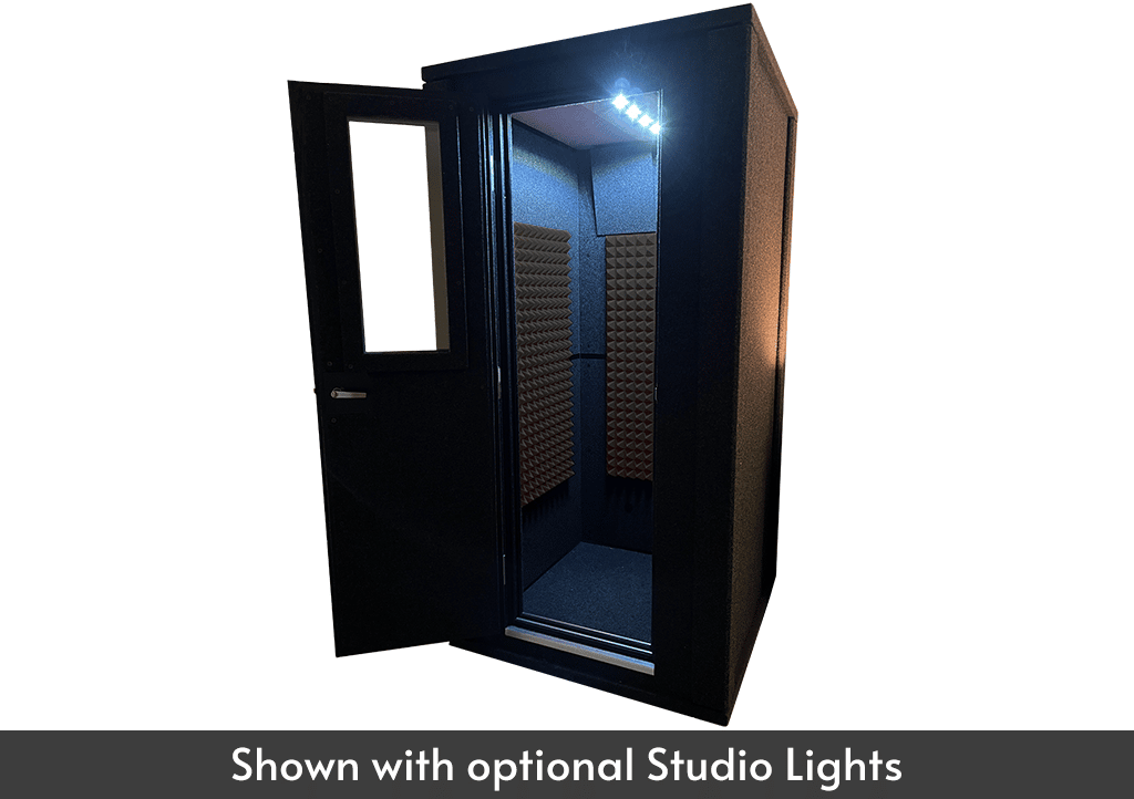 A WhisperRoom MDL 4242 E is shown from the front with the door open, studio lights, gray foam, and a gray text box that describes the features shown with the sound booth image.