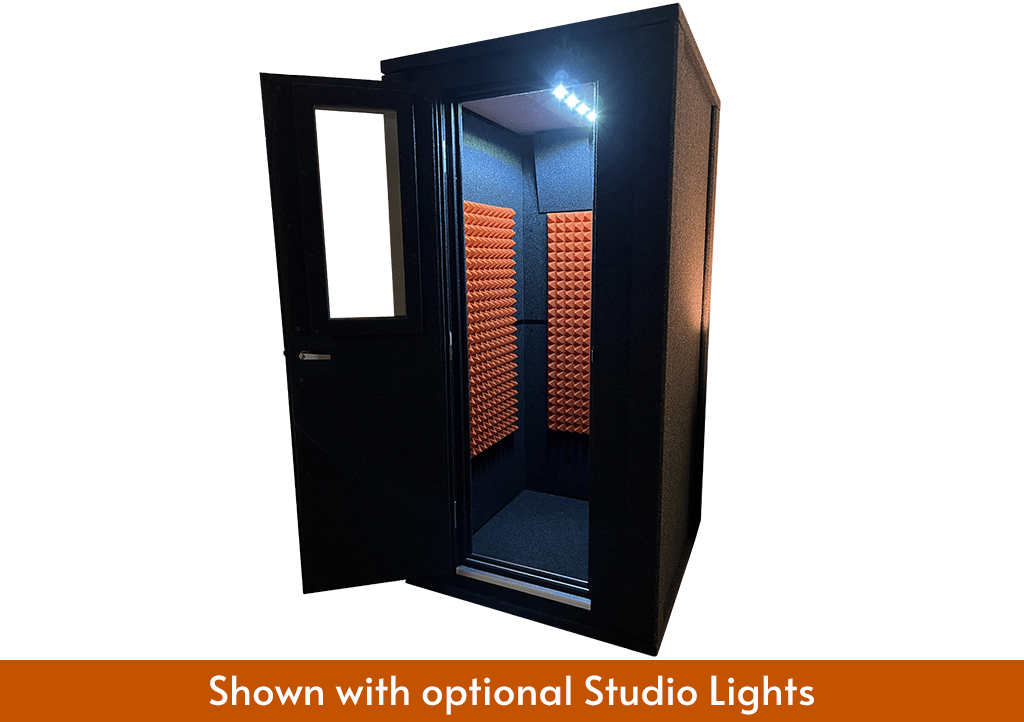 A WhisperRoom MDL 4242 E is shown from the front with the door open, studio lights, orange foam, and an orange text box that describes the features shown with the sound booth image.