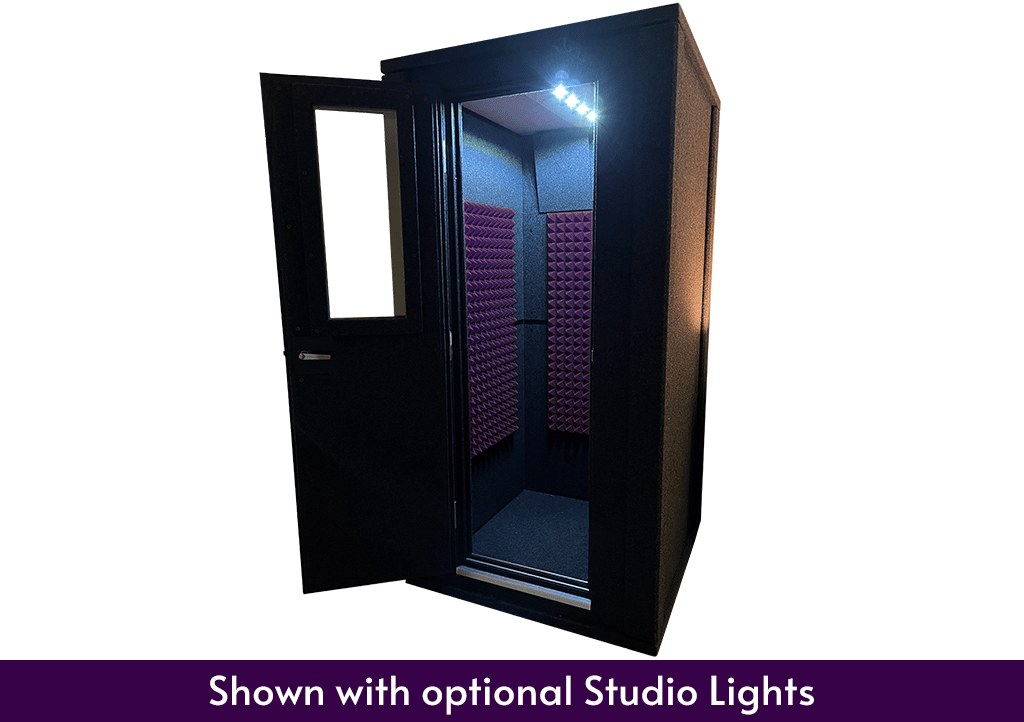A WhisperRoom MDL 4242 E is shown from the front with the door open, studio lights, purple foam, and a purple text box that describes the features shown with the sound booth image.