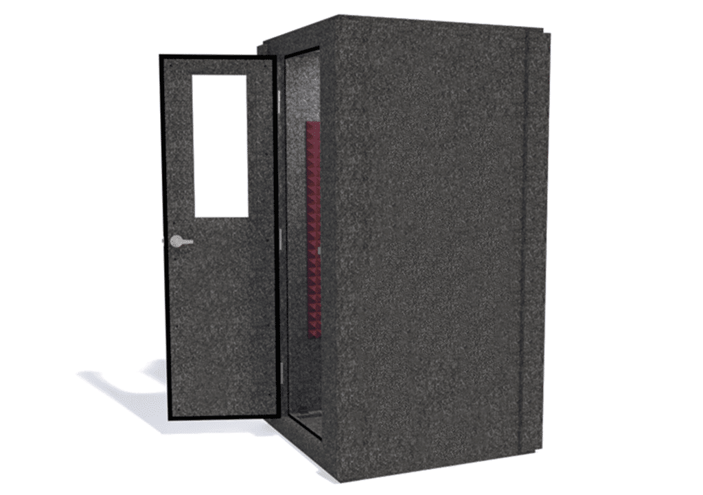 WhisperRoom MDL 4242 S shown from the side with the door open and burgundy foam