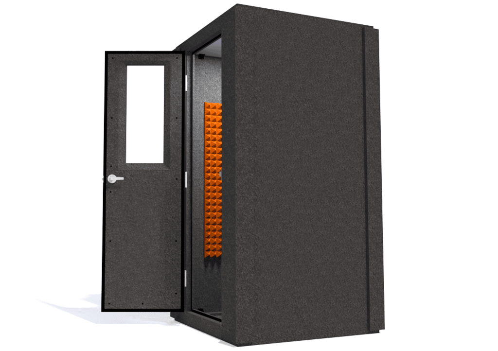 WhisperRoom MDL 4242 S shown with the door open from the side with orange foam