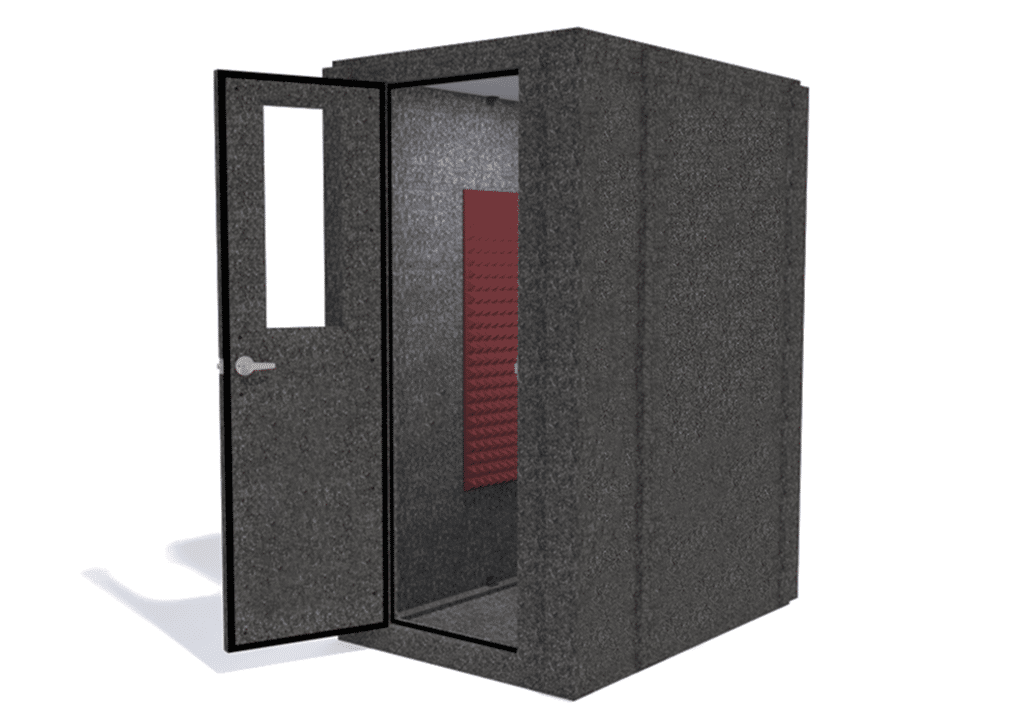 WhisperRoom MDL 4260 S shown from the front with the door open and burgundy foam