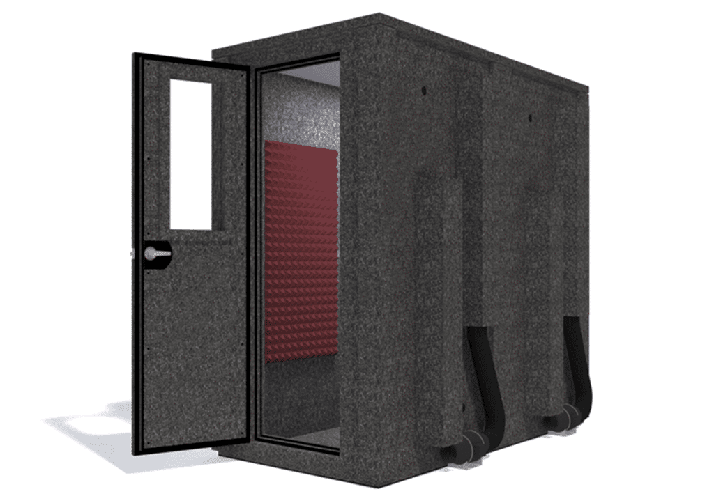 WhisperRoom MDL 4284 E shown from the front with door open and burgundy foam