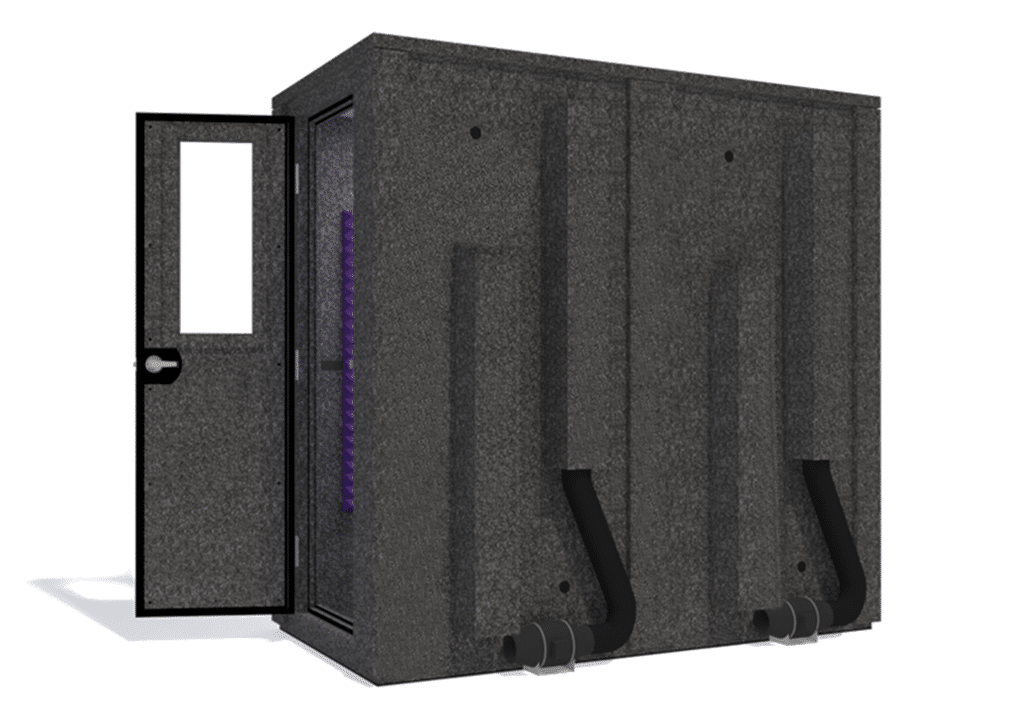 WhisperRoom MDL 4284 E shown from the side with door open and purple foam
