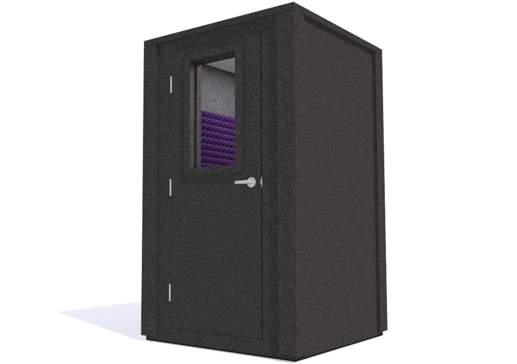 WhisperRoom MDL 4848 E shown from the front with the door closed and purple foam