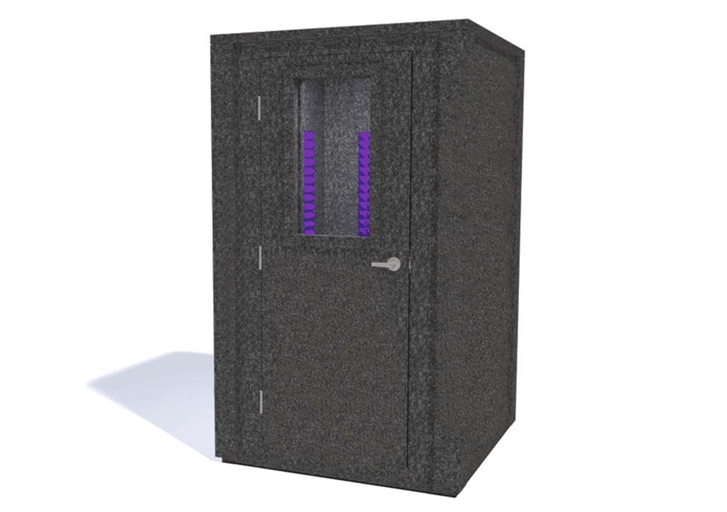 WhisperRoom MDL 4848 E shown from the front with door closed and purple foam