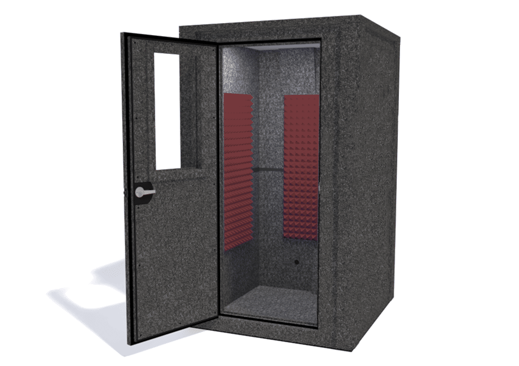 WhisperRoom MDL 4848 E shown from the front with door open and burgundy foam