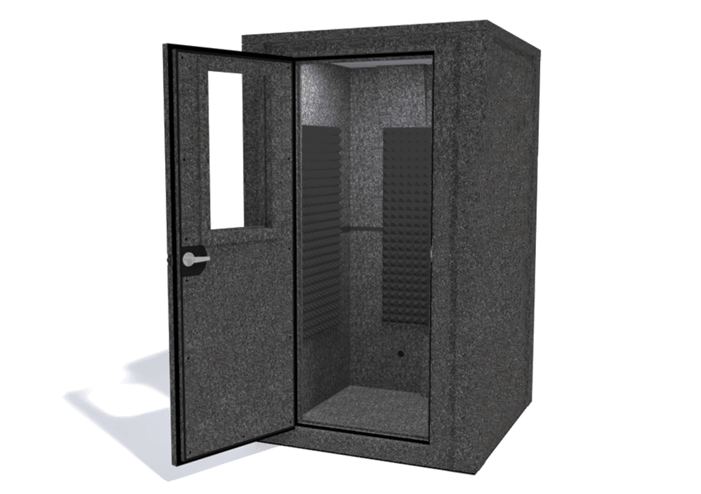 WhisperRoom MDL 4848 E shown from the front with door open and gray foam