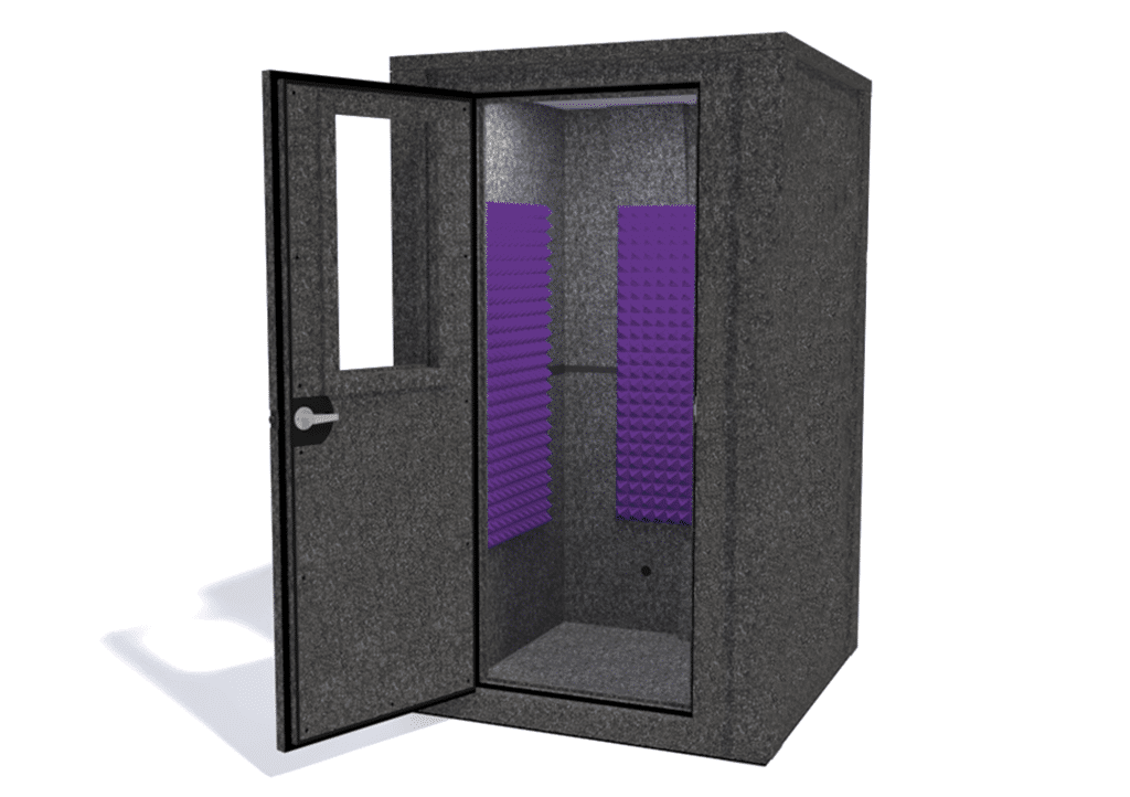 WhisperRoom MDL 4848 E shown from the front with door open and purple foam