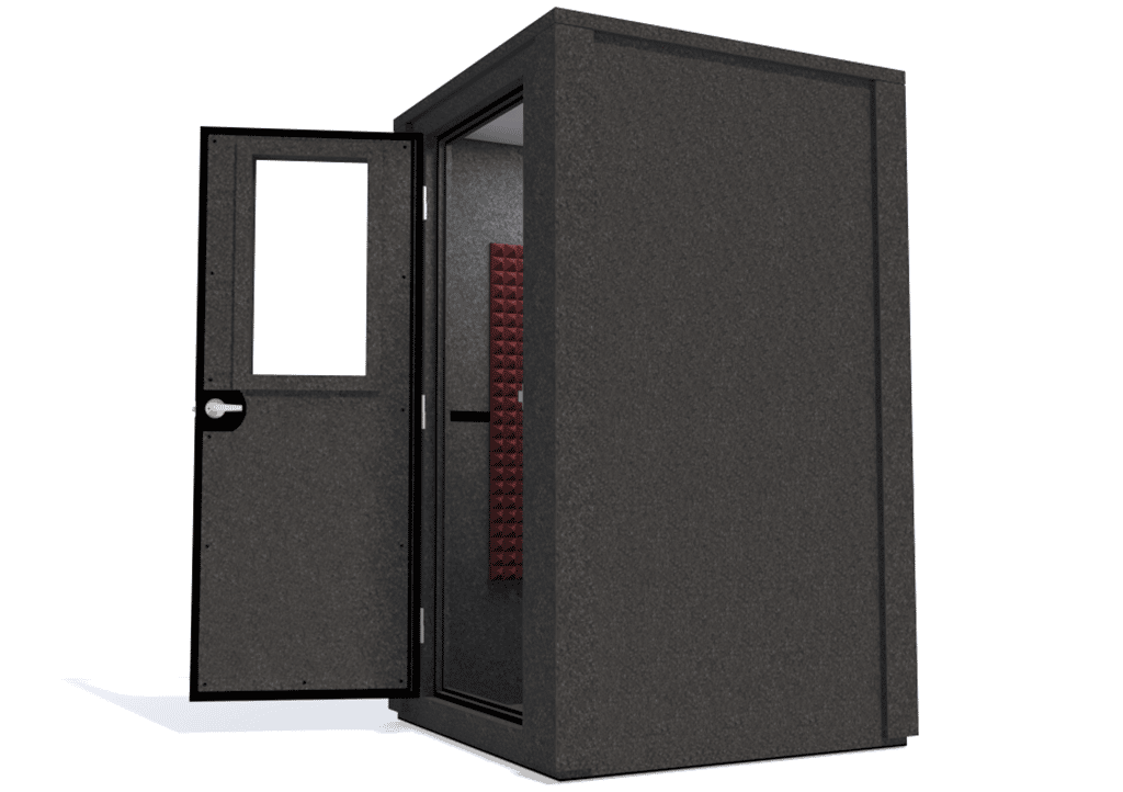 WhisperRoom MDL 4848 E shown with the door open from the side with burgundy foam
