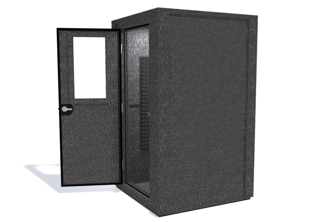 WhisperRoom MDL 4848 E shown from the side with door open and gray foam