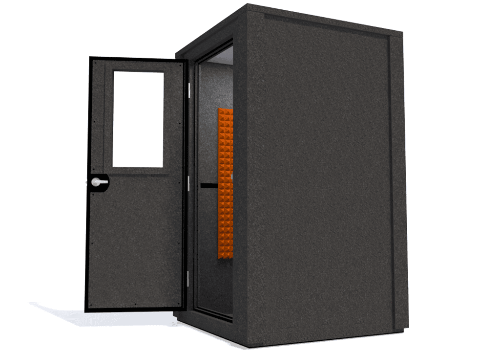 WhisperRoom MDL 4848 E shown from the side with the door open and orange foam