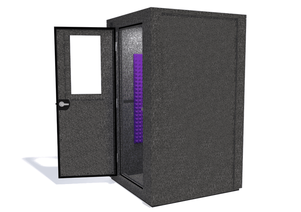 WhisperRoom MDL 4848 E shown from the side with door open and purple foam
