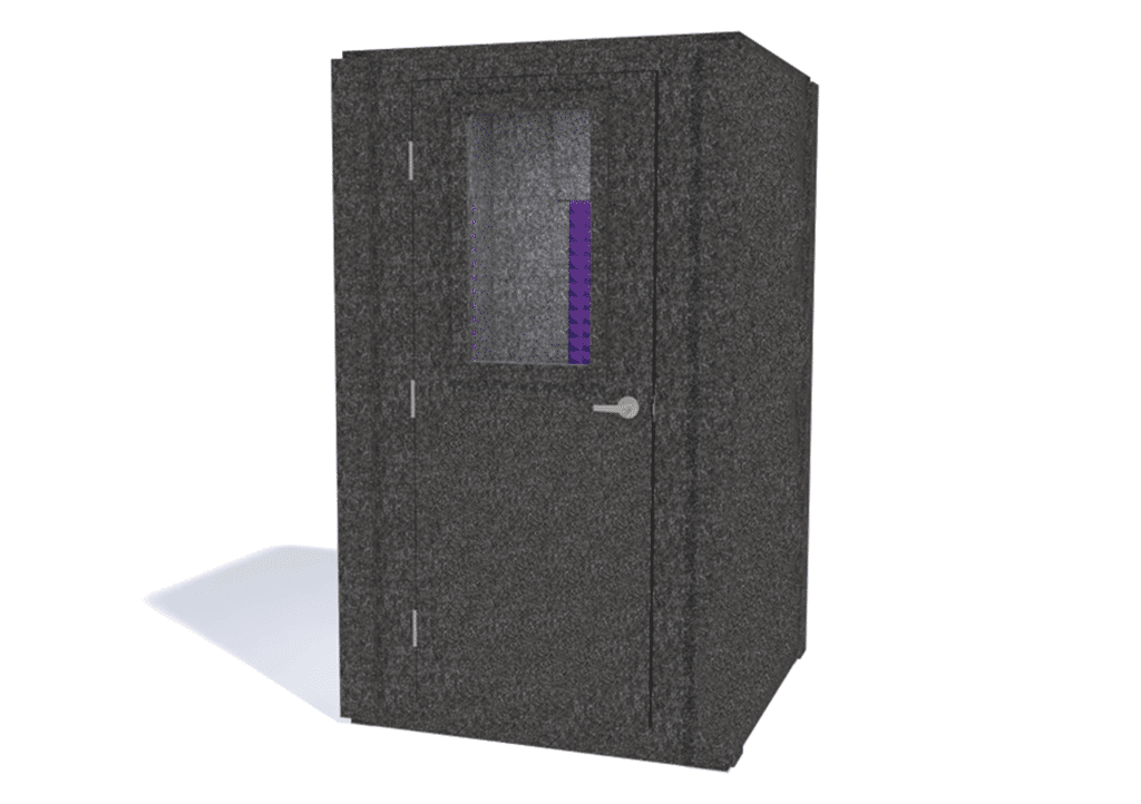WhisperRoom MDL 4848 S shown from the front with the door closed and purple foam