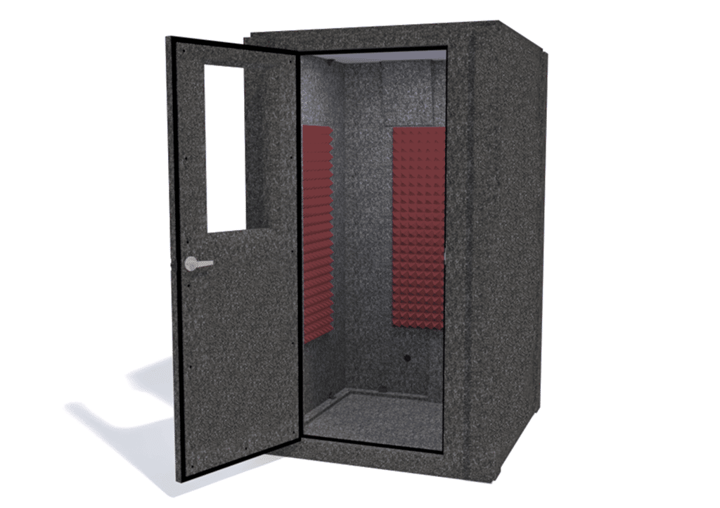 WhisperRoom MDL 4848 S shown from the front with the door open and burgundy foam