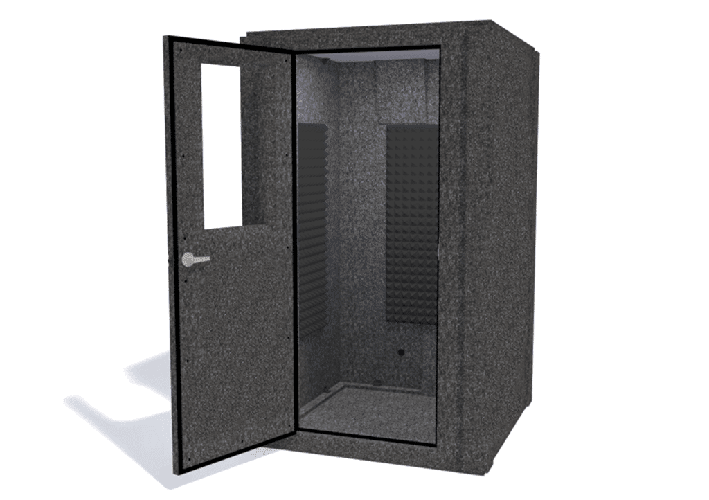 WhisperRoom MDL 4848 S shown from the front with the door open and gray foam