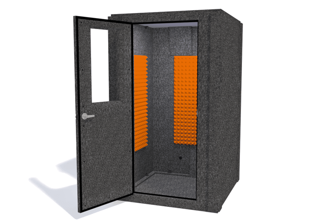 WhisperRoom MDL 4848 S shown from the front with the door open and orange foam