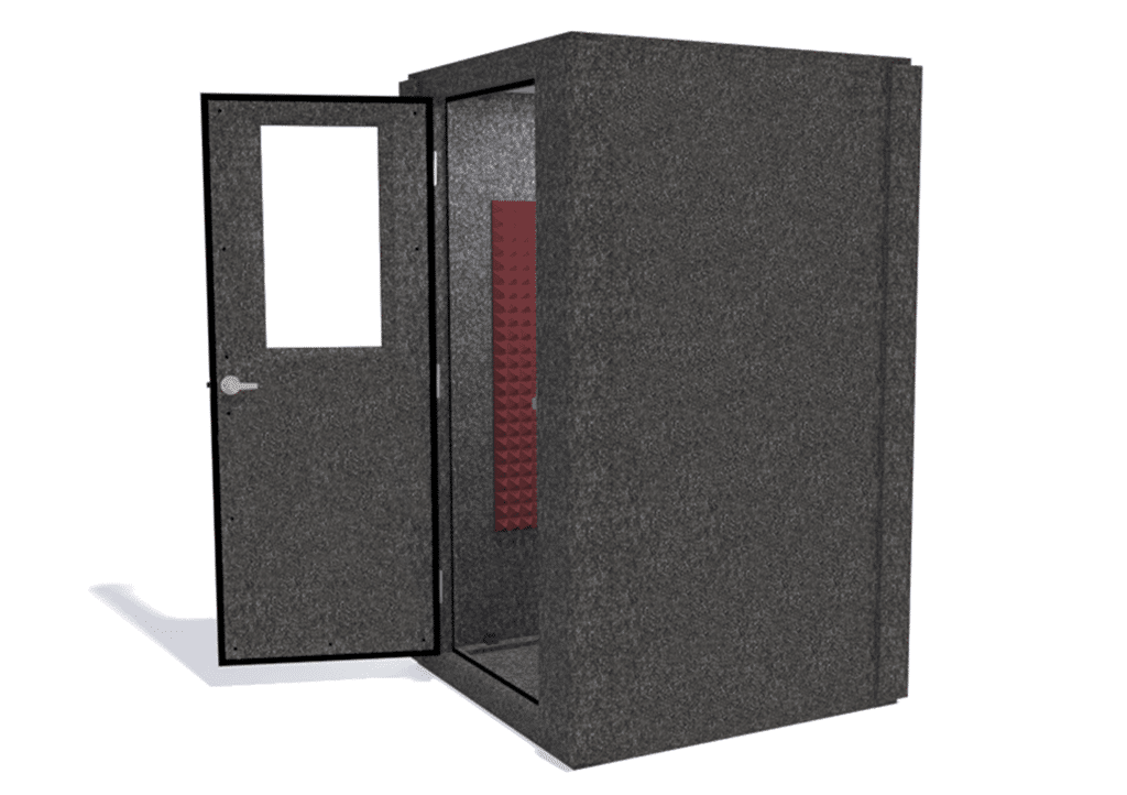 WhisperRoom MDL 4848 shown from the side with the door open and burgundy foam S Sh
