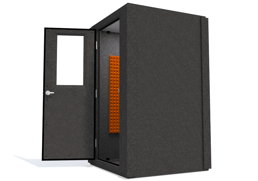 WhisperRoom MDL 4848 S shown with the door open from the side with orange foam
