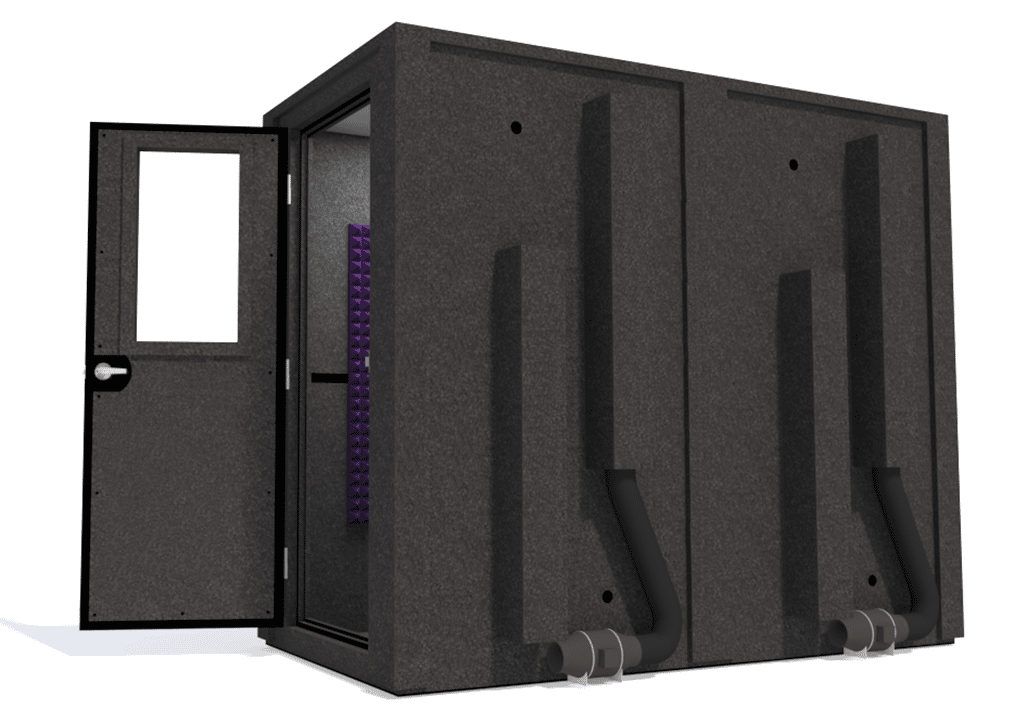 WhisperRoom MDL 4896 E shown from the side with the door open and purple foam
