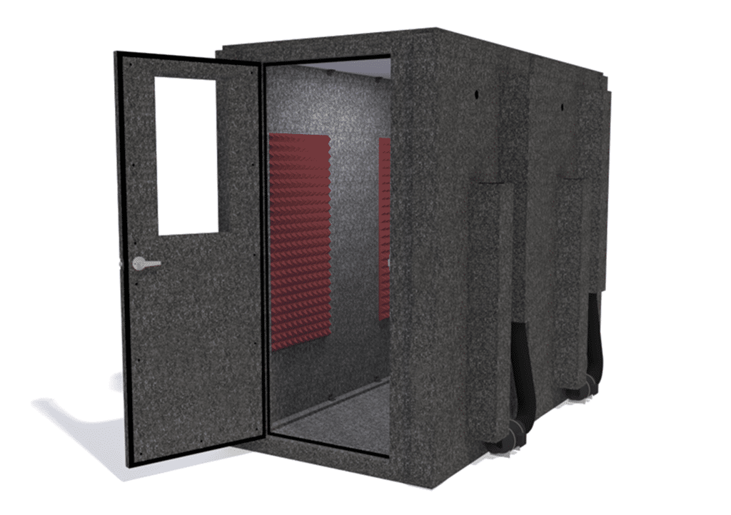 WhisperRoom MDL 4896 S shown from the front with door open and burgundy foam