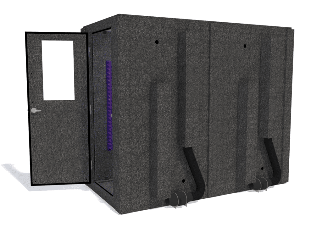 WhisperRoom MDL 4896 S shown from the side with door open and purple foam