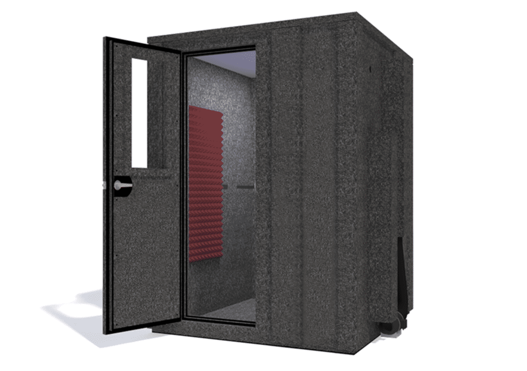 WhisperRoom MDL 6060 E shown from the front with door open and burgundy foam