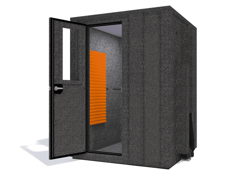 WhisperRoom MDL 6060 E shown from the front with door open and orange foam