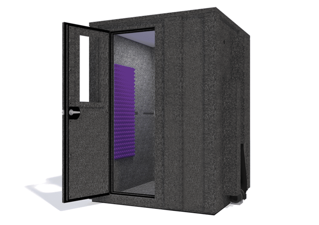 WhisperRoom MDL 6060 E shown from the front with door open and purple foam