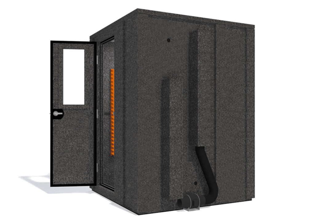 WhisperRoom MDL 6060 E shown from the side with door open and orange foam