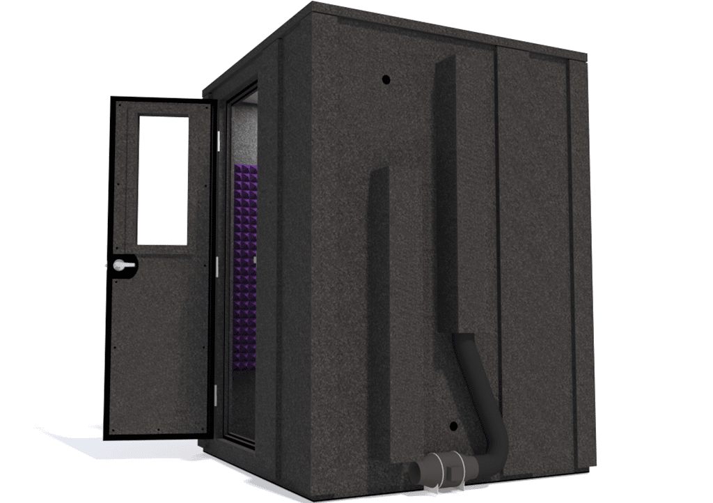 WhisperRoom MDL 6060 E shown from the side with the door open and purple foam
