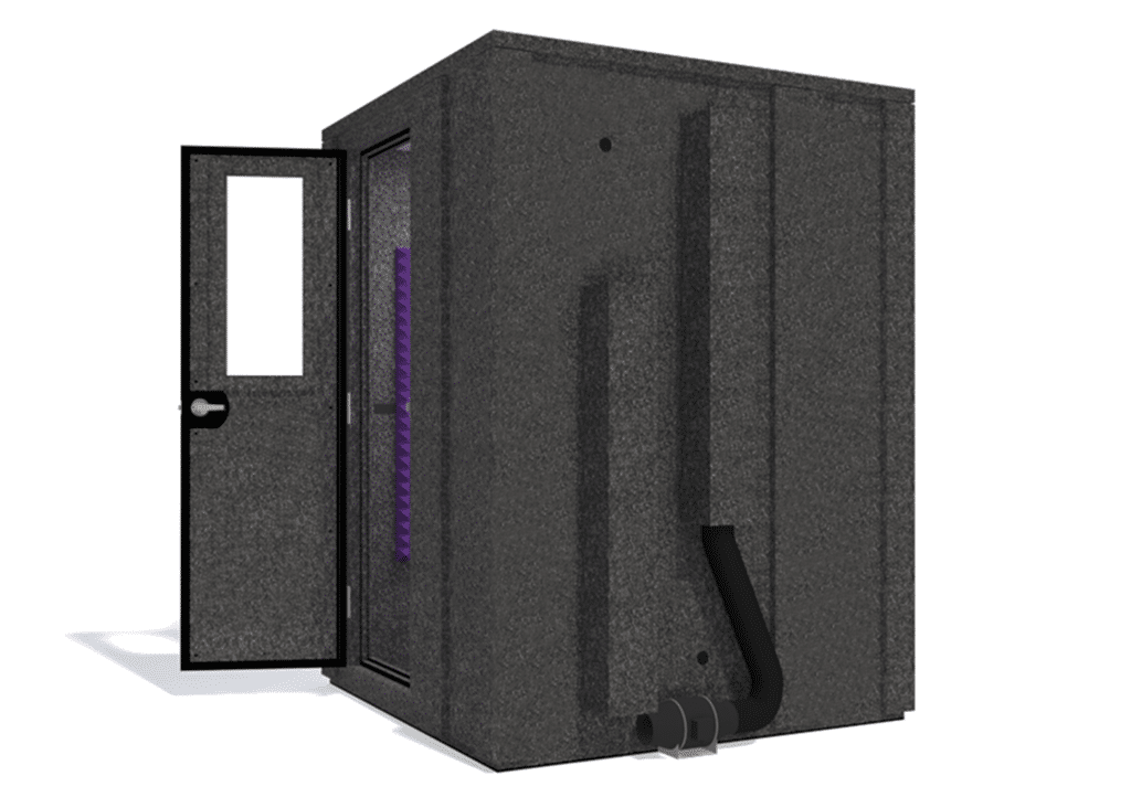 WhisperRoom MDL 6060 E shown from the side with door open and purple foam