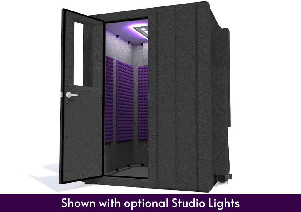 WhisperRoom MDL 6060 S shown from the front with the door open and purple foam