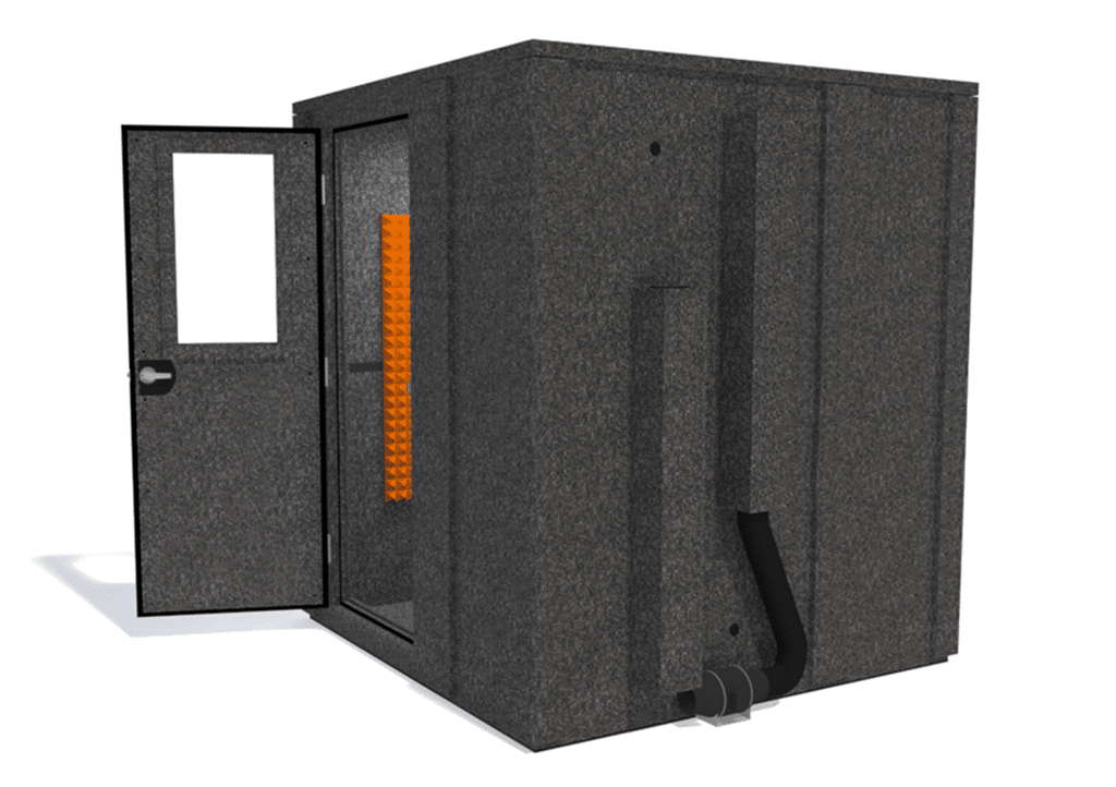 WhisperRoom MDL 7272 E shown from the side with door open and orange foam