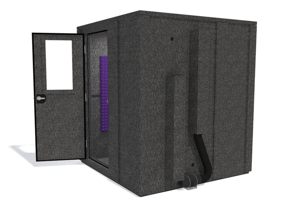 WhisperRoom MDL 7272 E shown from the side with door open and purple foam