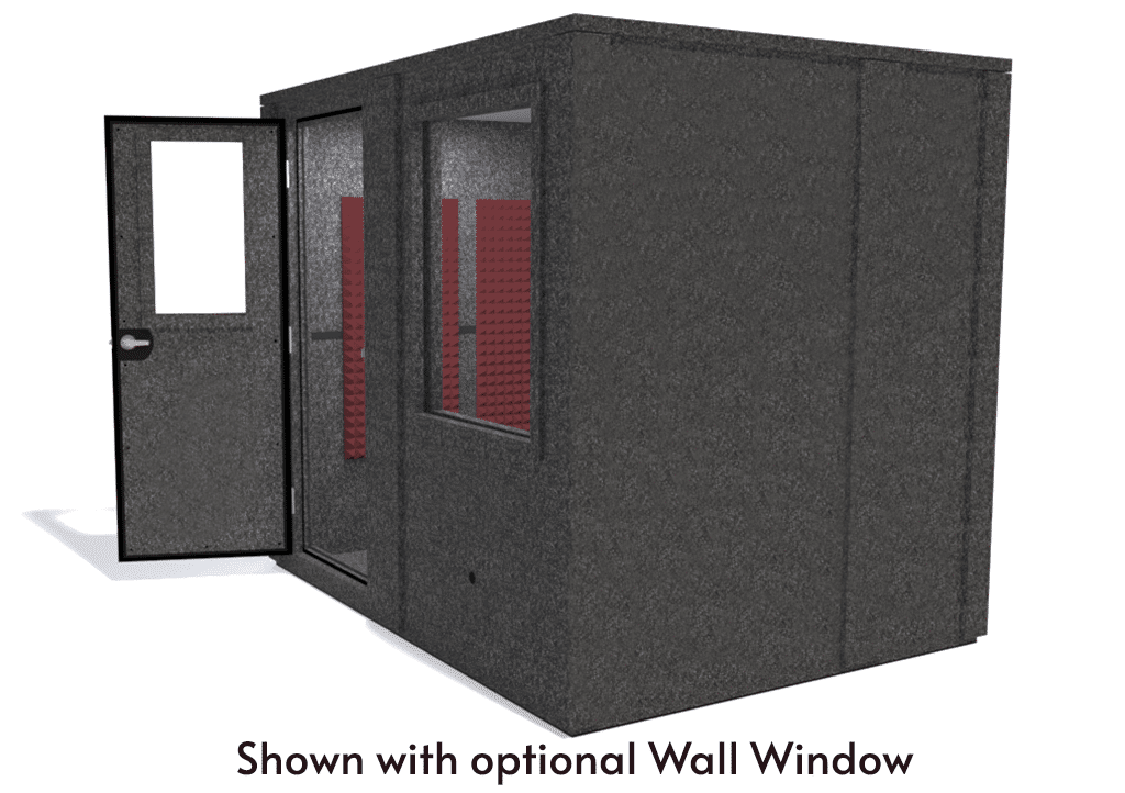 WhisperRoom MDL 7296 E shown from the side with door open and burgundy foam